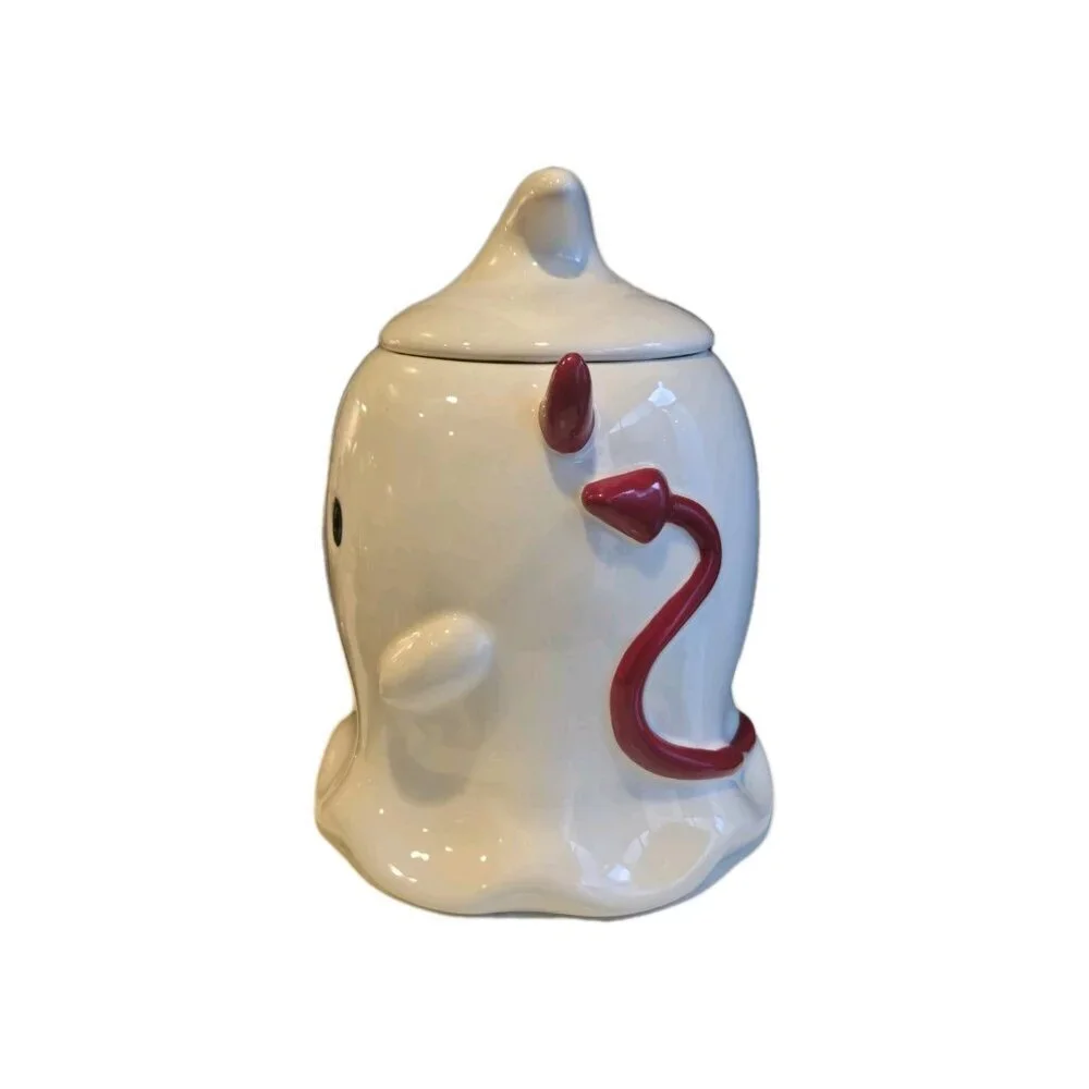 New Halloween Spooky Ceramic Devil Ghost W/ Horns Cookie Jar Decorative